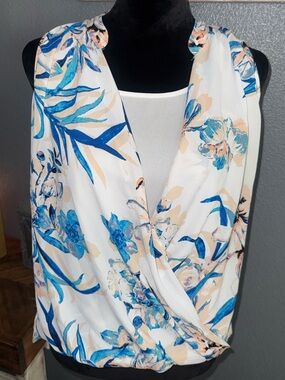Alfani crossover White Tank Top with Blue and Peach Floral Print